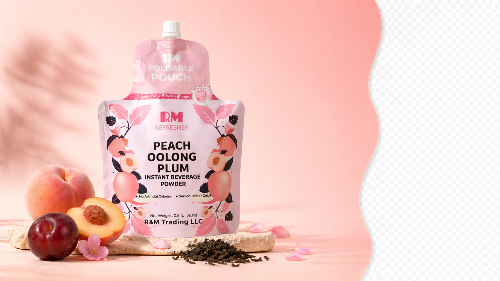 Peach Oolong Plum flavor slide with peach fruit and a soft blush wave accent